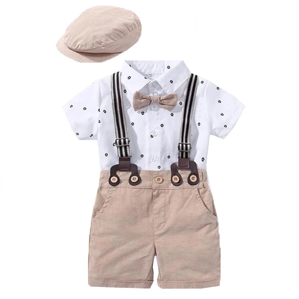 Newborn Boys Gentleman Clothes Outfit Suit Set Baby Tie Bow Hat + Sailboat Printed Romper + Shorts Suspender Infant Kid Clothing - Baby Bubble Store