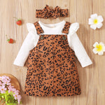 3 Pcs Baby Girls Casual Outfits, Ribbed Fly Sleeve Round Neck Bodysuit + Leopard Print Suspender Skirt + Bow Headband Baby Bubble Store 
