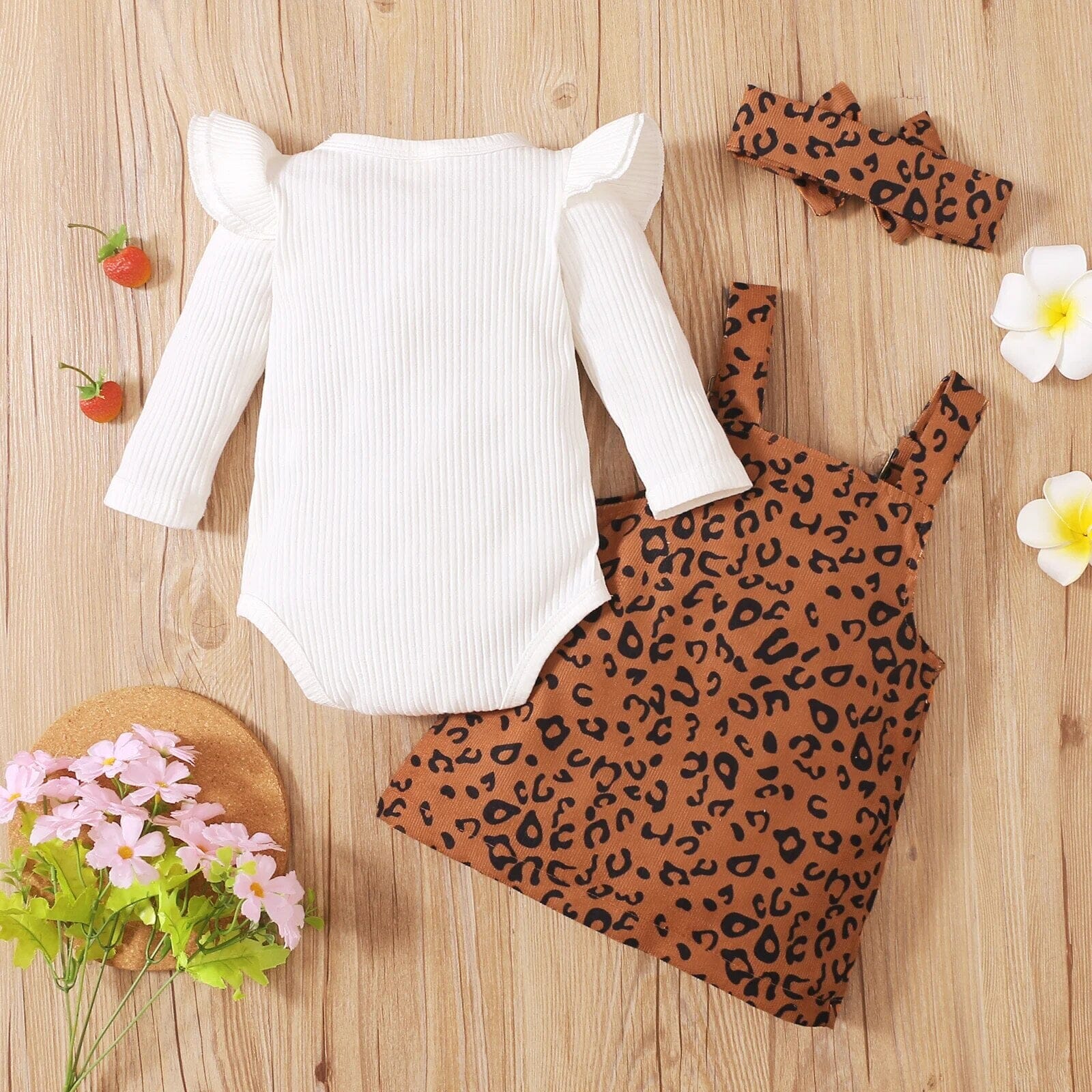 3 Pcs Baby Girls Casual Outfits, Ribbed Fly Sleeve Round Neck Bodysuit + Leopard Print Suspender Skirt + Bow Headband Baby Bubble Store 