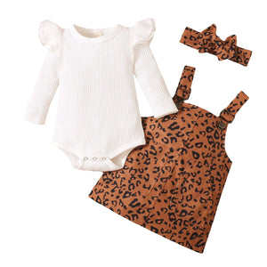 3 Pcs Baby Girls Casual Outfits, Ribbed Fly Sleeve Round Neck Bodysuit + Leopard Print Suspender Skirt + Bow Headband Baby Bubble Store Khaki 3M 
