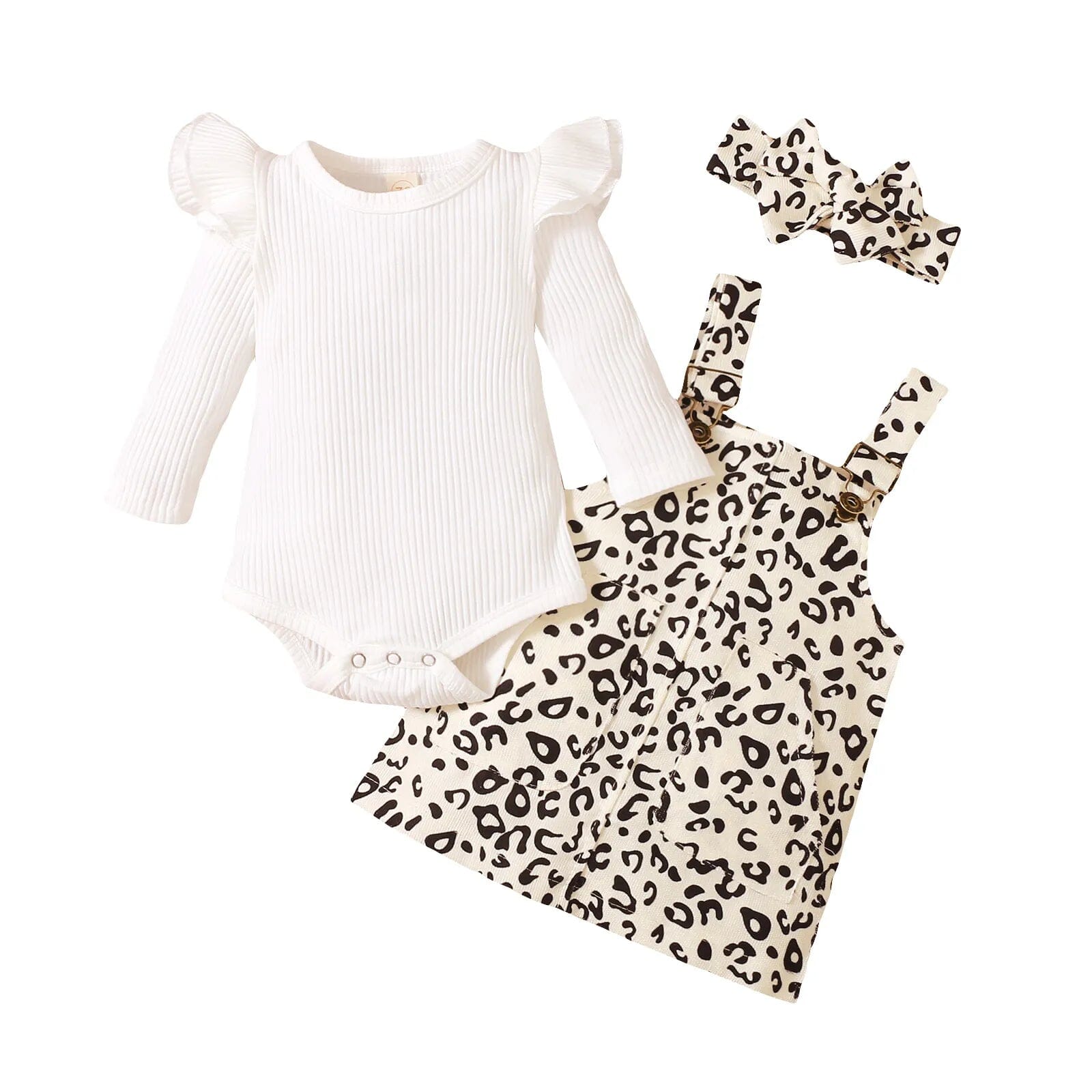 3 Pcs Baby Girls Casual Outfits, Ribbed Fly Sleeve Round Neck Bodysuit + Leopard Print Suspender Skirt + Bow Headband Baby Bubble Store White 3M 
