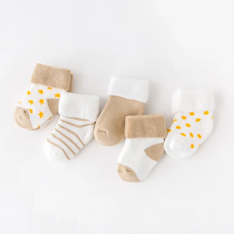 5Pair/lot New boy and girl baby socks thick newborn autumn and winter warm foot sock Baby Bubble Store Khaki S 0-6 months COTTON