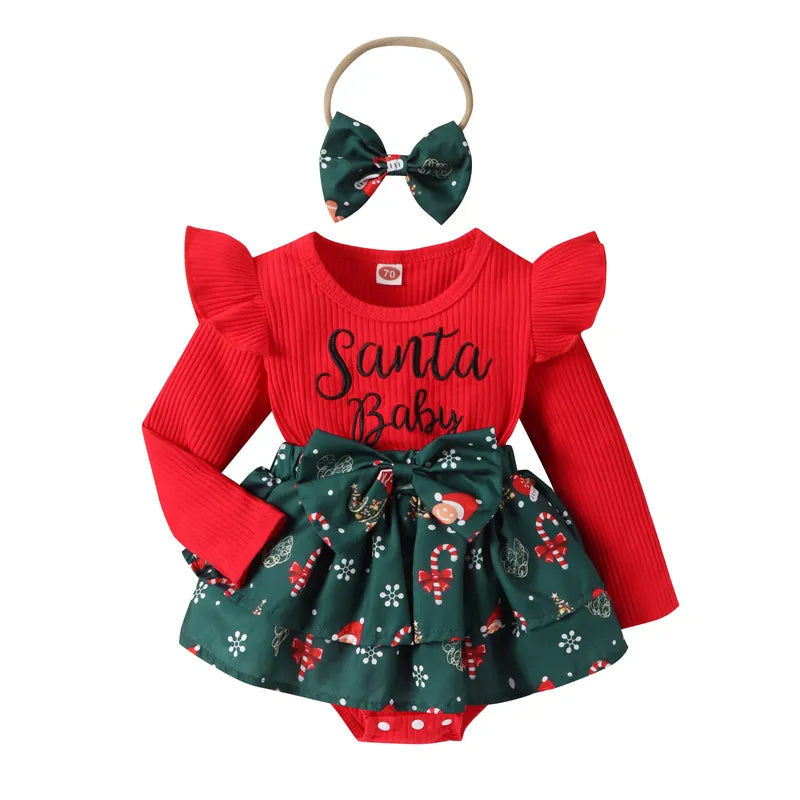 Christmas 0-2Y Baby Girls Romper Dress Long Sleeve Letter Santa Hat Print Romper with Bow Headband Baby Bubble Store Red 6-9 Months 