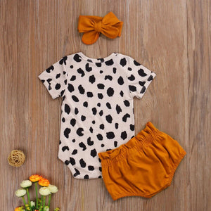 FOCUSNORM 0-24M Newborn Kids Girls Clothes Sets Leopard Print Short Sleeve Romper Tops Bow Shorts Headband Baby Bubble Store 