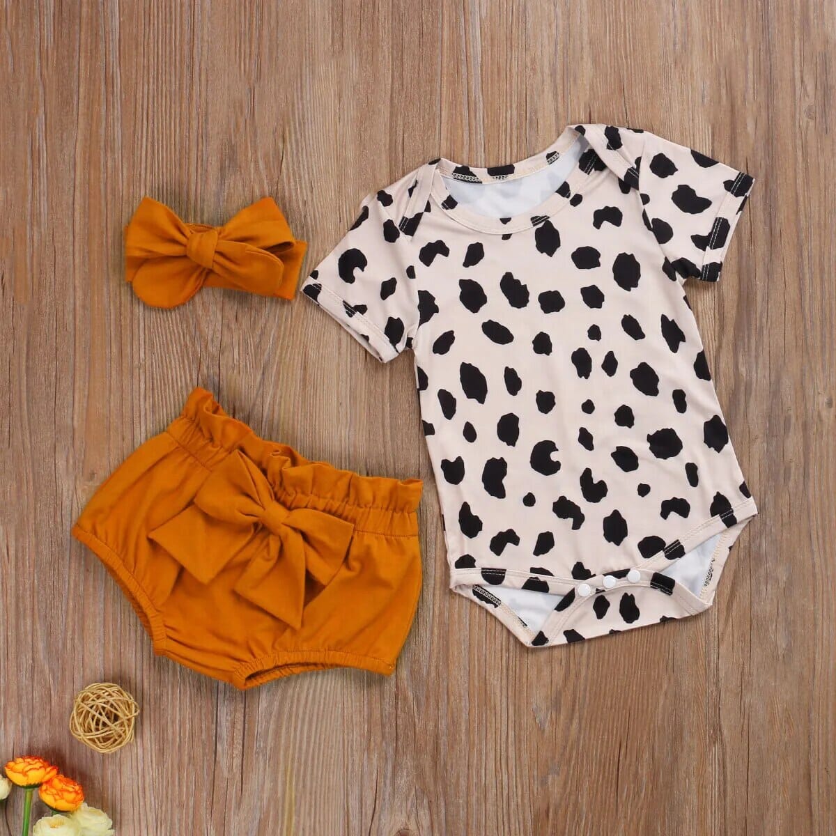 FOCUSNORM 0-24M Newborn Kids Girls Clothes Sets Leopard Print Short Sleeve Romper Tops Bow Shorts Headband Baby Bubble Store 