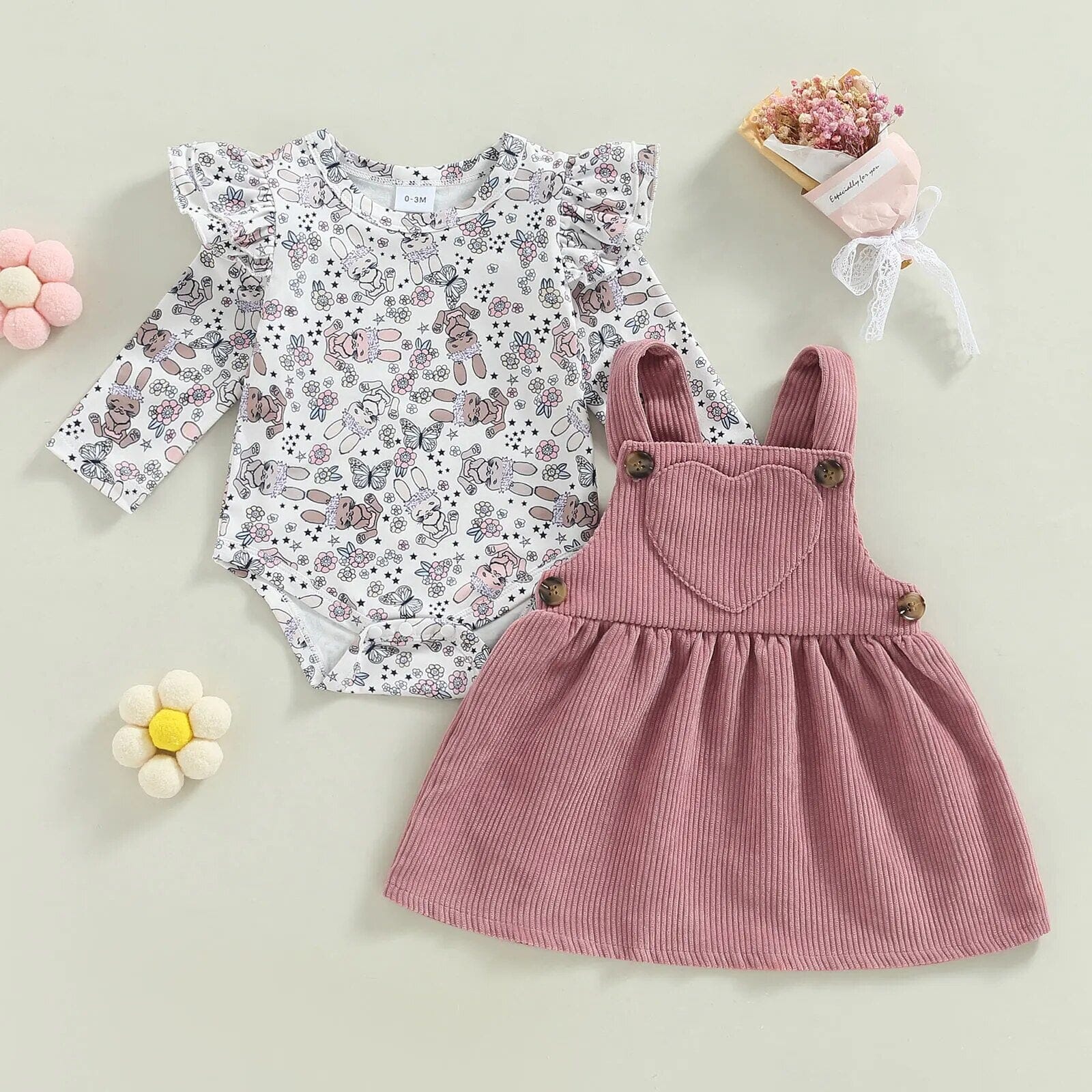 Infant Newborn Baby Girls Dress 2Pcs Set, Long Sleeve Rabbit Flower Print Romper + Heart Patchwork Suspender Dress Baby Bubble Store 
