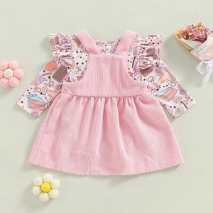 Infant Newborn Baby Girls Dress 2Pcs Set, Long Sleeve Rabbit Flower Print Romper + Heart Patchwork Suspender Dress Baby Bubble Store 