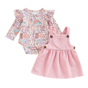 Infant Newborn Baby Girls Dress 2Pcs Set, Long Sleeve Rabbit Flower Print Romper + Heart Patchwork Suspender Dress Baby Bubble Store A 3M 