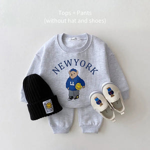 Korea 2023 Baby Boys Clothes Sets Letter Bear Girls Long Sleeve Casual Hoodie Sweatshirt+Pants 2pcs Kids Clothes Sports Suit New Baby Bubble Store Gray 6-12M 73 