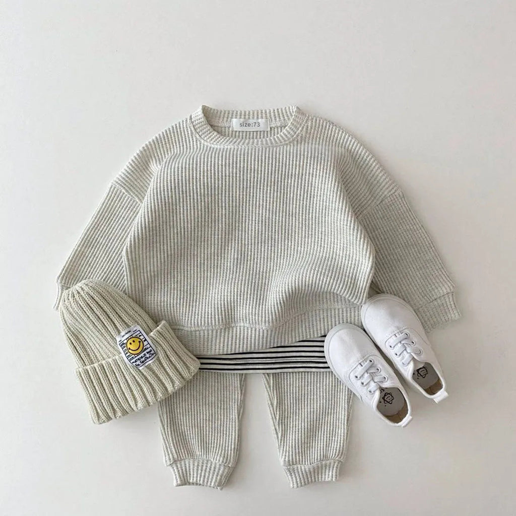 Korean Baby Clothing Sets Waffle Cotton Kids Boys Girls Clothes Spring Autumn Loose Tracksuit Pullovers Tops+Pants 2PCS Sets Baby Bubble Store 