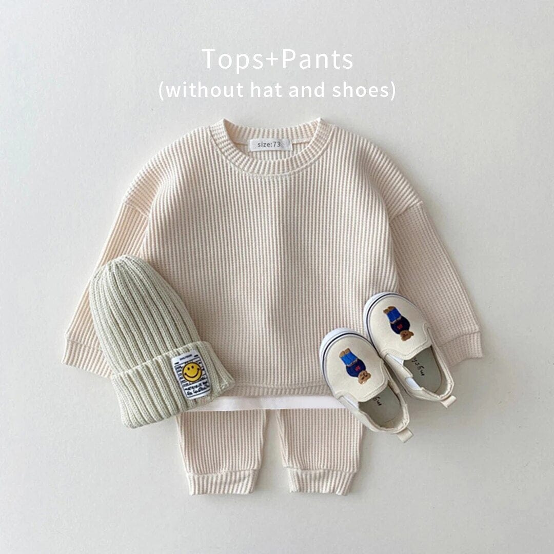 Korean Baby Clothing Sets Waffle Cotton Kids Boys Girls Clothes Spring Autumn Loose Tracksuit Pullovers Tops+Pants 2PCS Sets Baby Bubble Store Ivory 6-12M 73 