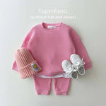 Korean Baby Clothing Sets Waffle Cotton Kids Boys Girls Clothes Spring Autumn Loose Tracksuit Pullovers Tops+Pants 2PCS Sets Baby Bubble Store Magenta 6-12M 73 