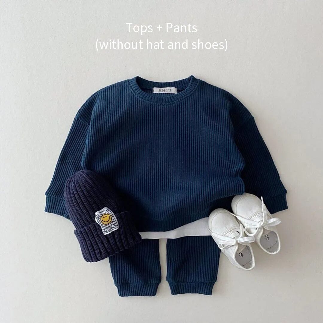 Korean Baby Clothing Sets Waffle Cotton Kids Boys Girls Clothes Spring Autumn Loose Tracksuit Pullovers Tops+Pants 2PCS Sets Baby Bubble Store navy 6-12M 73 