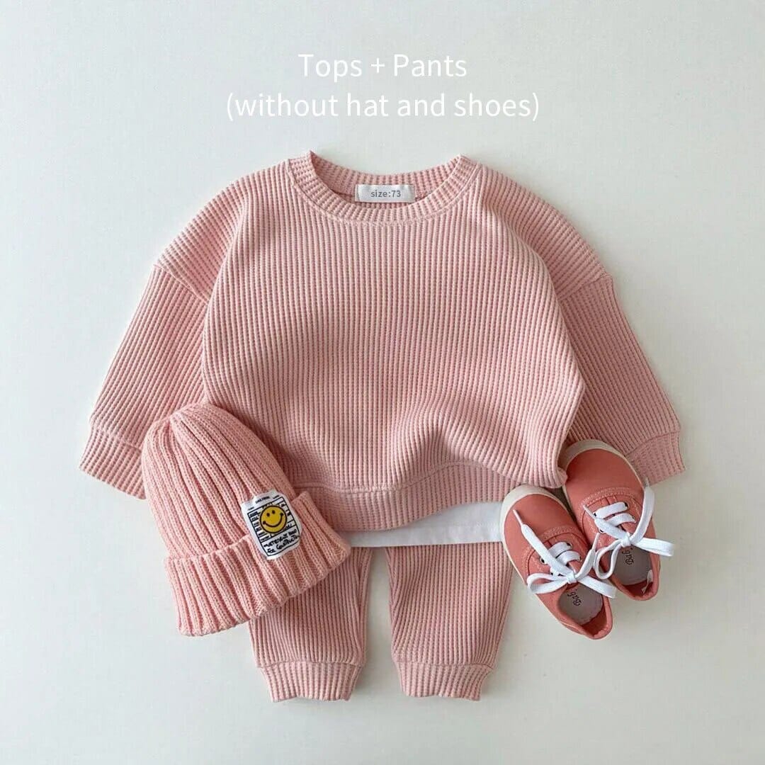 Korean Baby Clothing Sets Waffle Cotton Kids Boys Girls Clothes Spring Autumn Loose Tracksuit Pullovers Tops+Pants 2PCS Sets Baby Bubble Store pink 6-12M 73 