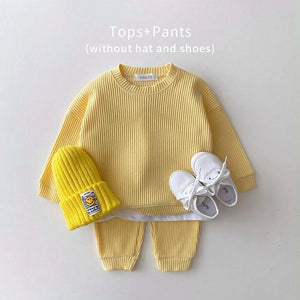 Korean Baby Clothing Sets Waffle Cotton Kids Boys Girls Clothes Spring Autumn Loose Tracksuit Pullovers Tops+Pants 2PCS Sets Baby Bubble Store Yellow 6-12M 73 