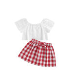 Lioraitiin 3Pcs Set 0-24M Newborn Baby Girl Clothes Cute Summer Off Shoulder Lace Tops+ Red Plaid Short Dress Headband Outfit Baby Bubble Store 