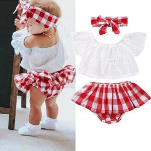 Lioraitiin 3Pcs Set 0-24M Newborn Baby Girl Clothes Cute Summer Off Shoulder Lace Tops+ Red Plaid Short Dress Headband Outfit Baby Bubble Store 6M shorts set China 