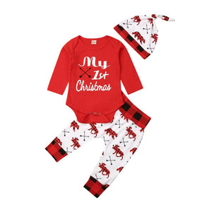 Lovely Baby Boy My First Christmas Letter Romper Kids T-Shirts Pant Newborn Hat Outfits Girl Xmas Set Autumn Clothing 2PCS Sets 0 Baby Bubble Store 