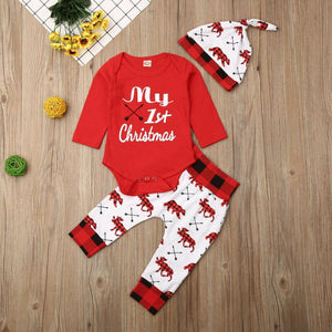 Lovely Baby Boy My First Christmas Letter Romper Kids T-Shirts Pant Newborn Hat Outfits Girl Xmas Set Autumn Clothing 2PCS Sets 0 Baby Bubble Store 