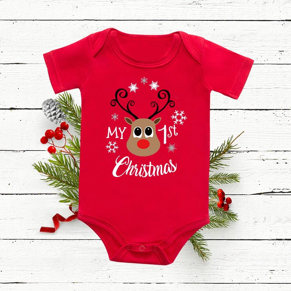 My 1st Christmas Deer Tree Print Baby Red Romper Cotton Short Sleeve Newborn Boys Girls Infant Bodysuits Xmas Clothes Party Gift 0 Baby Bubble Store RX78-A003RD- 3M 