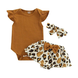 Newborn Baby Girl Clothing Summer Clothes 2023 Solid Color Flying Sleeve Bodysuit Floral/Leopard Shorts Costume Outerwear Baby Bubble Store 1B 6-12 Months 