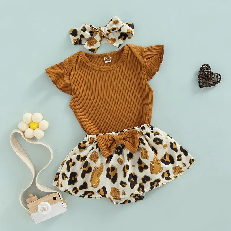 Newborn Baby Girl Clothing Summer Clothes 2023 Solid Color Flying Sleeve Bodysuit Floral/Leopard Shorts Costume Outerwear Baby Bubble Store 