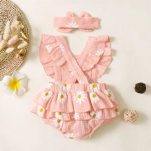 PatPat 100% Cotton 2pcs Baby Girl Bodysuit Daisy Print Crepe Fabric Baby Romper Sets Baby Girls Jumpsuits Clothes Baby Bubble Store 