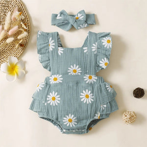 PatPat 100% Cotton 2pcs Baby Girl Bodysuit Daisy Print Crepe Fabric Baby Romper Sets Baby Girls Jumpsuits Clothes Baby Bubble Store Bluish Grey 0-3 Months 