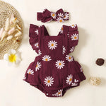 PatPat 100% Cotton 2pcs Baby Girl Bodysuit Daisy Print Crepe Fabric Baby Romper Sets Baby Girls Jumpsuits Clothes Baby Bubble Store Burgundy 0-3 Months 