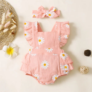 PatPat 100% Cotton 2pcs Baby Girl Bodysuit Daisy Print Crepe Fabric Baby Romper Sets Baby Girls Jumpsuits Clothes Baby Bubble Store Pink 0-3 Months 