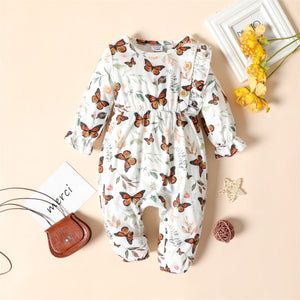 PatPat Baby Girl Long-sleeve Jumpsuit Baby Romper Spring and Summer Baby Girls Newborn Clothings Brown/White Butterfly Ruffle 0 Baby Bubble Store White 0-3 Months 