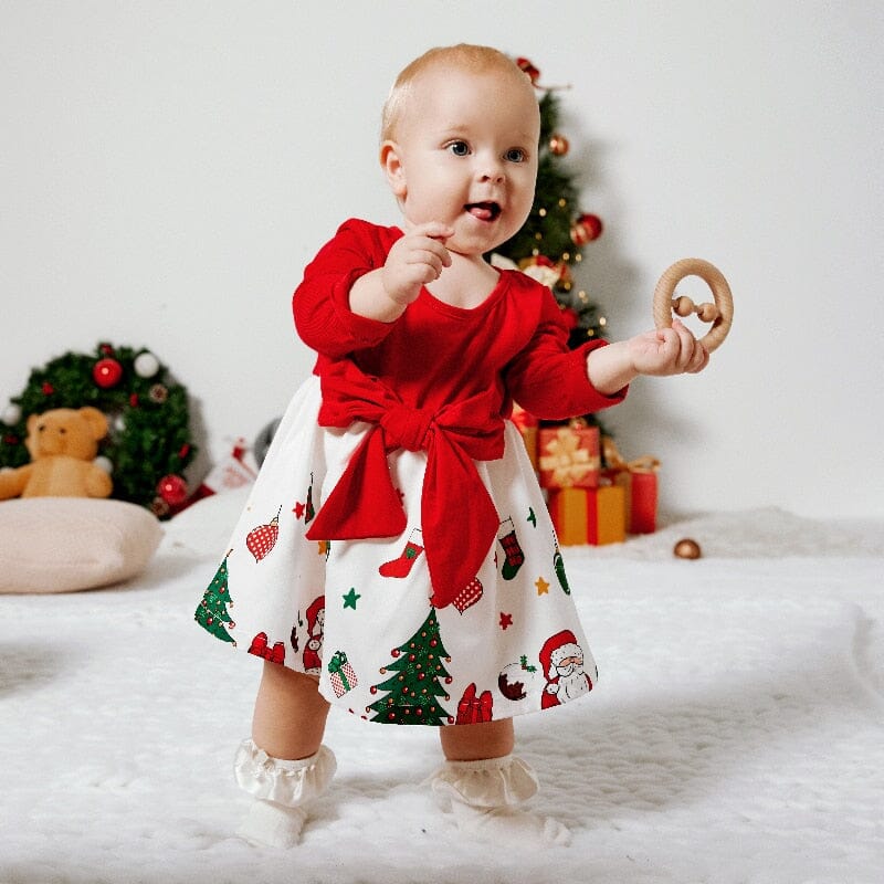 PatPat Christmas Baby Dress Baby Girl Clothes New Born Infant Party Dresses Newborn Bow Long-sleeve Spliced Xmas Costumes 0 Baby Bubble Store 