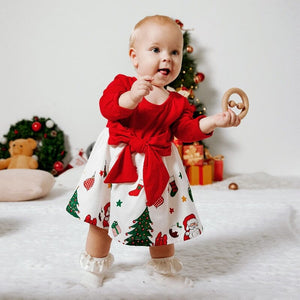 PatPat Christmas Baby Dress Baby Girl Clothes New Born Infant Party Dresses Newborn Bow Long-sleeve Spliced Xmas Costumes 0 Baby Bubble Store 