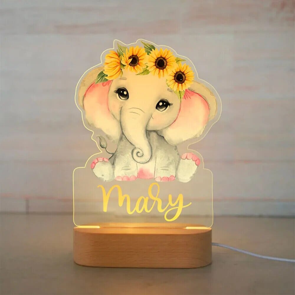Personalized Baby Elephant Lion LED USB Night Light Custom Name Acrylic Lamp For Kids Children Cute Bedroom Decoration Baby Bubble Store 04 