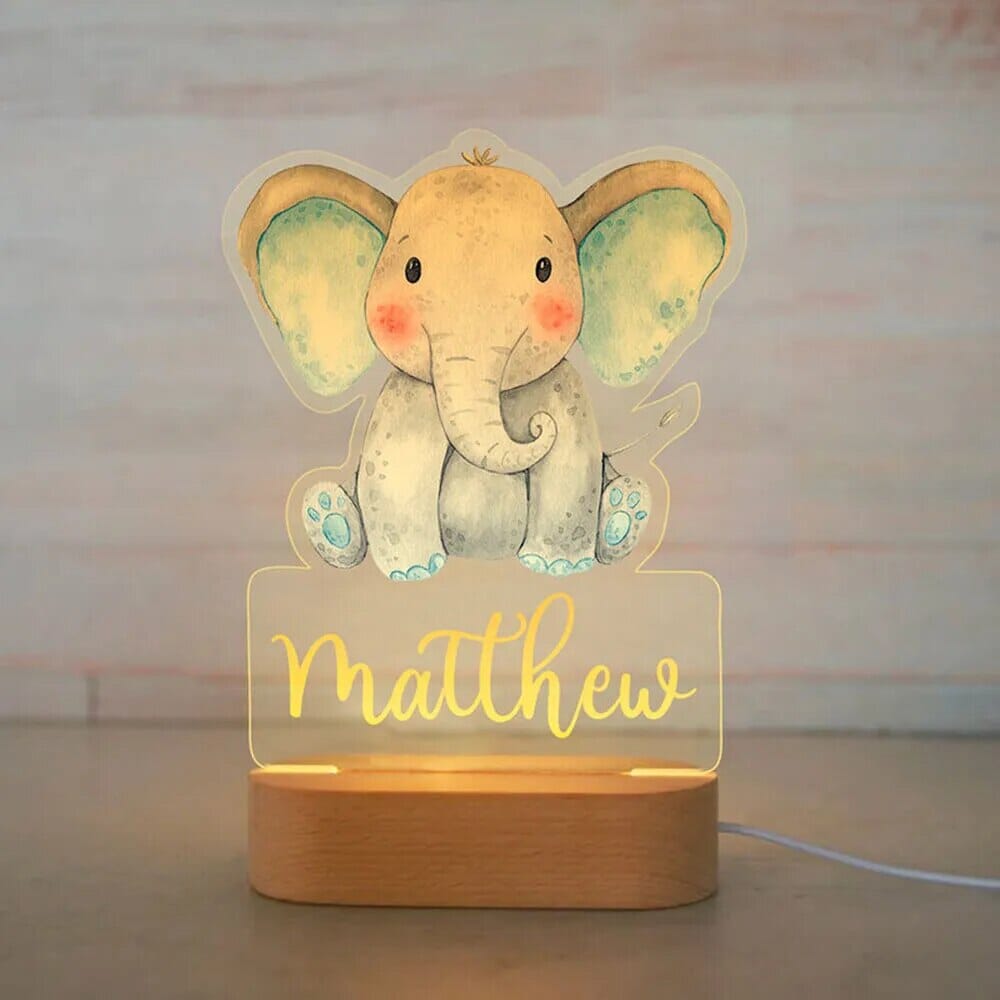 Personalized Baby Elephant Lion LED USB Night Light Custom Name Acrylic Lamp For Kids Children Cute Bedroom Decoration Baby Bubble Store 05 