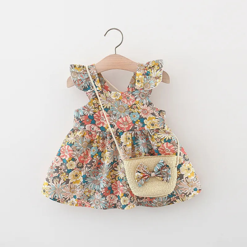 Summer Baby Girl's Dress New Vintage Garden Flower Flying Sleeve Dress with Straw Bag Baby Bubble Store Yellow 9-12M 