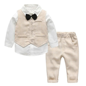 Top and Top Spring&Autumn Baby Boy Gentleman Suit White Shirt with Bow Tie+Striped Vest+Trousers 3Pcs Formal Kids Clothes Set Baby Bubble Store Beige 3T 