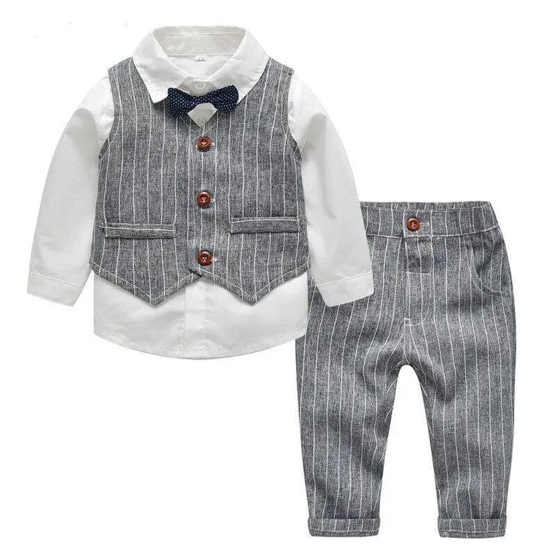 Top and Top Spring&Autumn Baby Boy Gentleman Suit White Shirt with Bow Tie+Striped Vest+Trousers 3Pcs Formal Kids Clothes Set Baby Bubble Store Gray 3T 