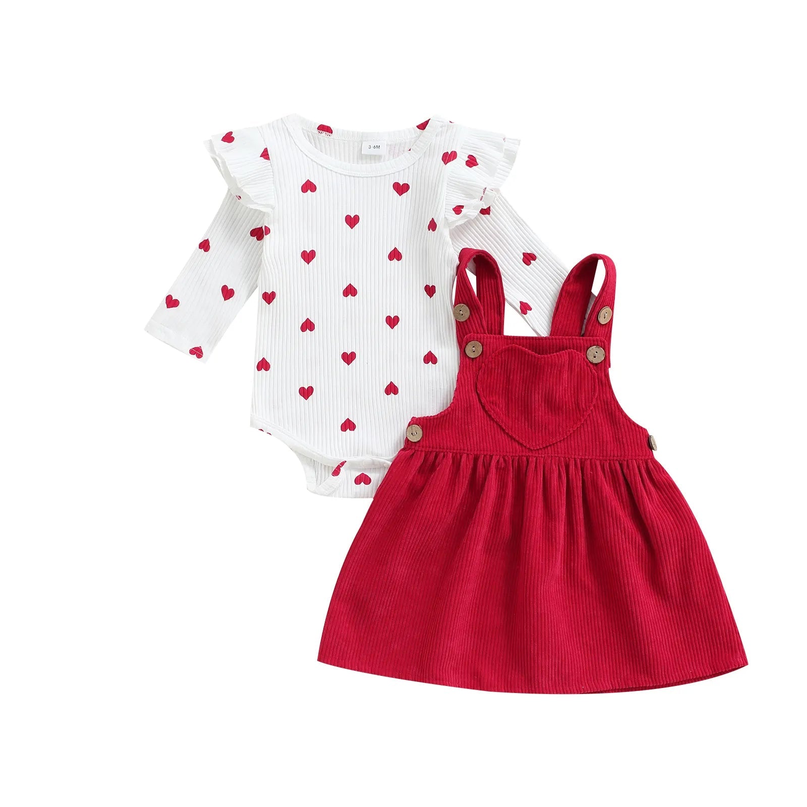 Valentine Infant Baby Girl's Two-Piece Suit, Heart Pattern Ruffle Long Sleeve Round Neck Romper + Suspender Skirt Baby Bubble Store 3M 