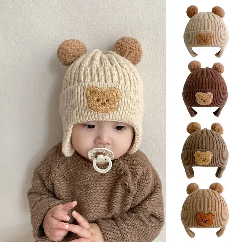 Winter Baby Beanie Cap Cartoon Bear Ear Protection Knitted Hat for Toddler Boys Girls Cute Korean Warm Kids Crochet Hats Gorros Baby Bubble Store 