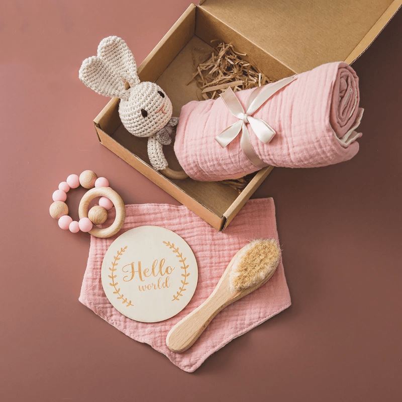 Wooden Rattles Cotton Blanket Baby Gift Set Wooden Rattles Cotton Blanket Baby Gift Set Baby Bubble Store 