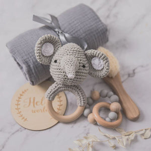 Wooden Rattles Cotton Blanket Baby Gift Set Wooden Rattles Cotton Blanket Baby Gift Set Baby Bubble Store Elephant 